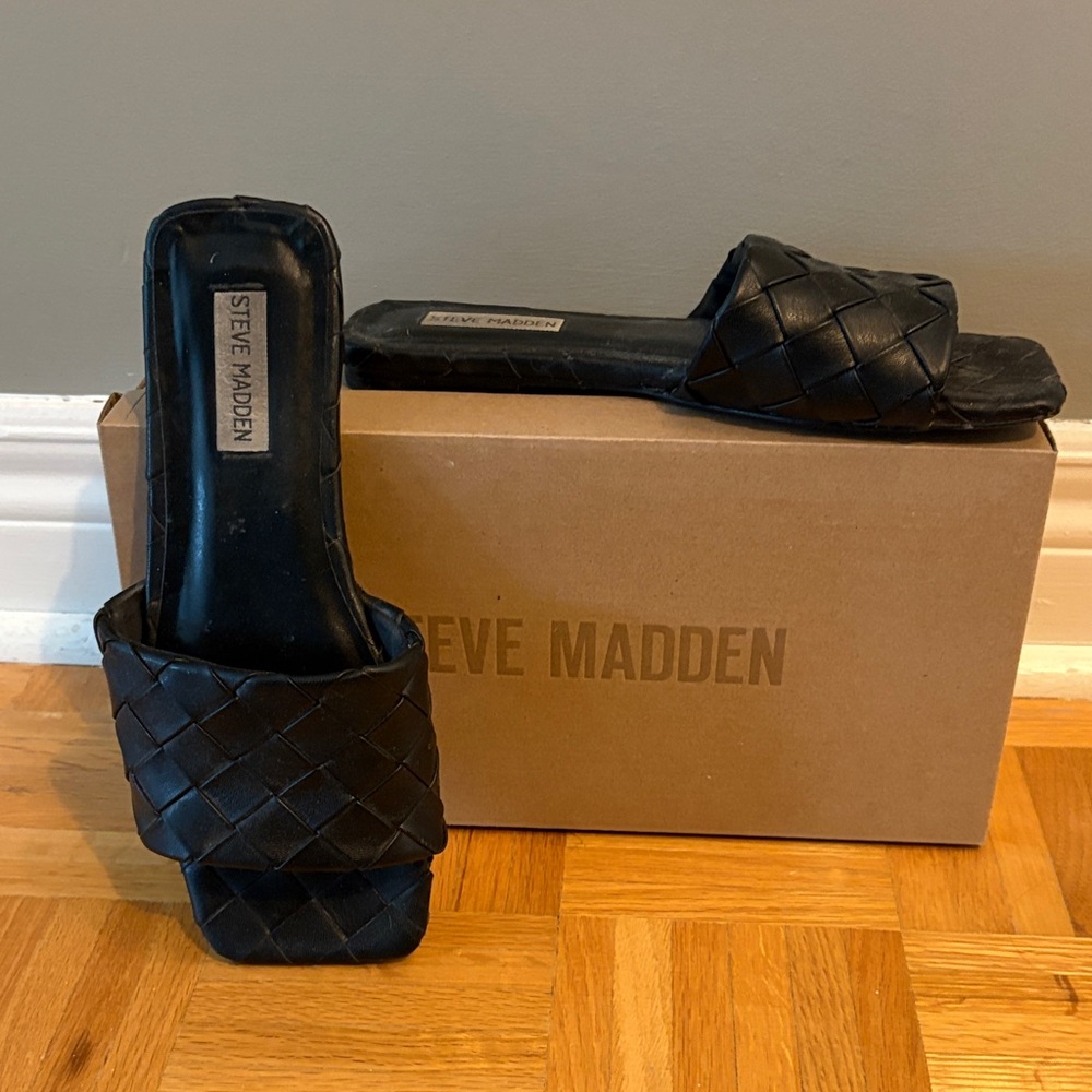 Steve Madden Black Woven Slide Sandals